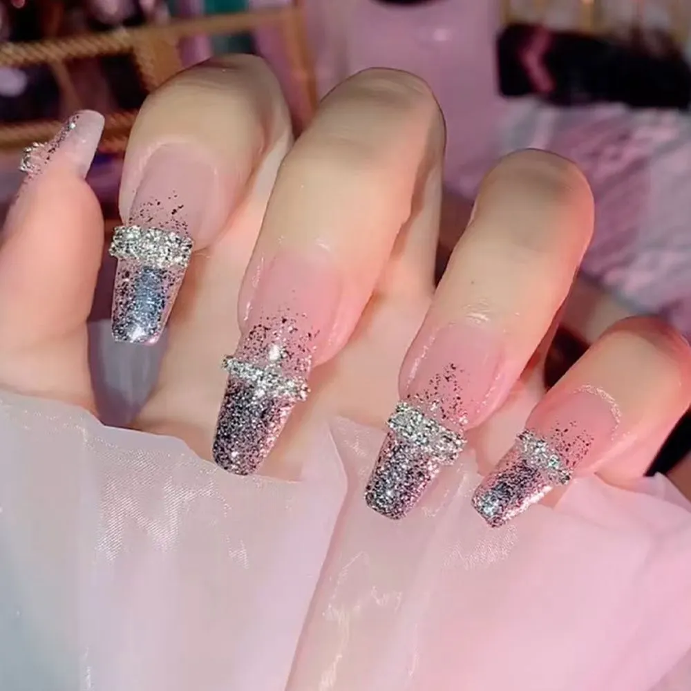 24pcs/Box Matcha Green Color With Rhinestone Long Coffin False Nails Full Cover Ballerina Press On Nails Wearable Fake Nails