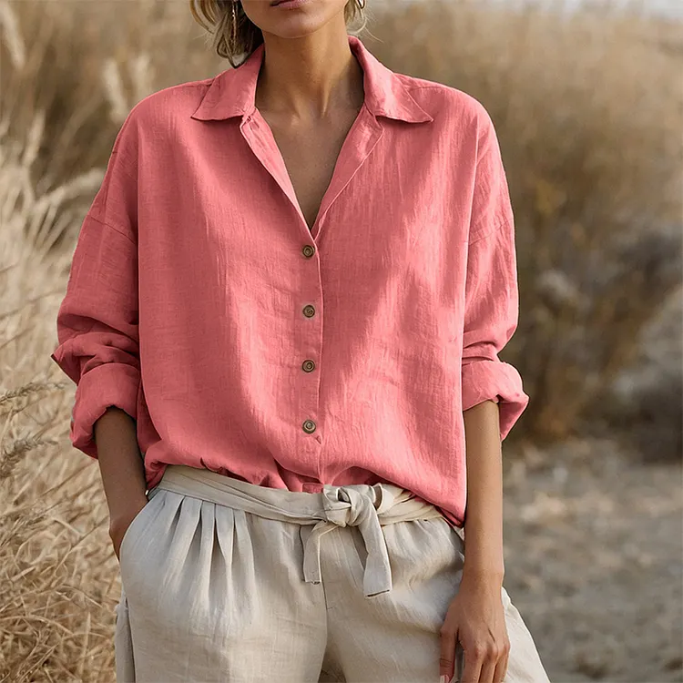 Autumn Solid Color Linen V-Neck Long-Sleeved T-Shirt