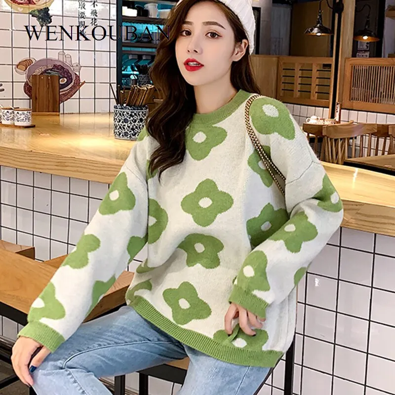 Women Knitted Sweater Winter Flower Pullovers Ladies Oversized Sweaters Vintage Loose Tops Female Korean Pull Femme 2021