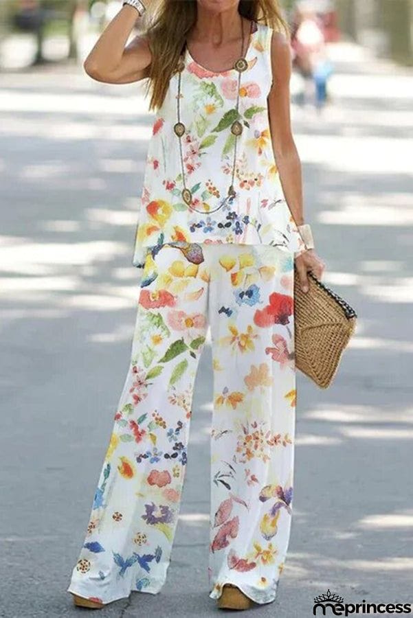 Simply Flourishing Printed Loose Tank and Wide Leg Pants Set