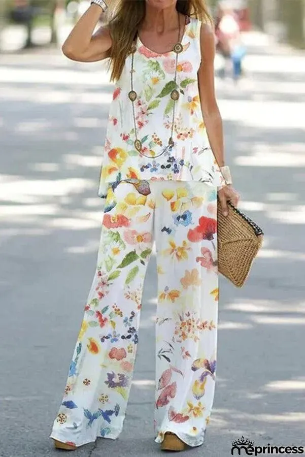 Simply Flourishing Printed Loose Tank and Wide Leg Pants Set