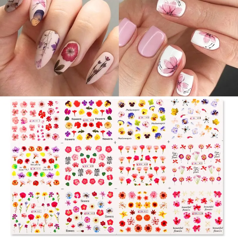 12Pcs Leopard Water Decals Sticker Hollow Floral Flower Leaves Geometry Water Transfer Watermark Foil Slider Decoration