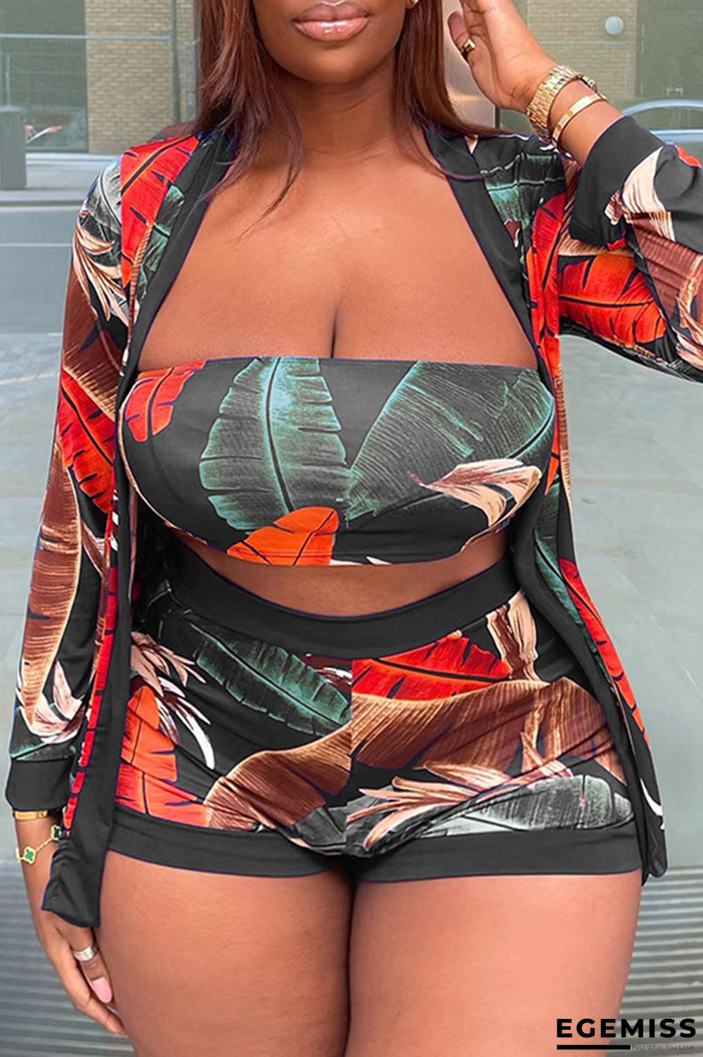 Black Casual Print Patchwork Strapless Long Sleeve Three Pieces | EGEMISS