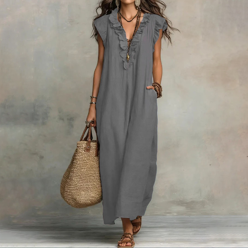 Women's Vintage Solid Color Lace Cotton Linen Short-sleeved Long Dress elevenforest