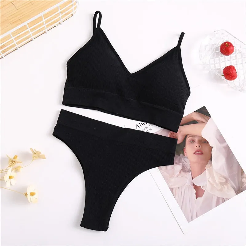 FINETOO Women Bra Panties Set Sexy G-String Push Up Bra Set Seamless Underwear Sports Thong Panty Bralette Fitness Lingerie Set