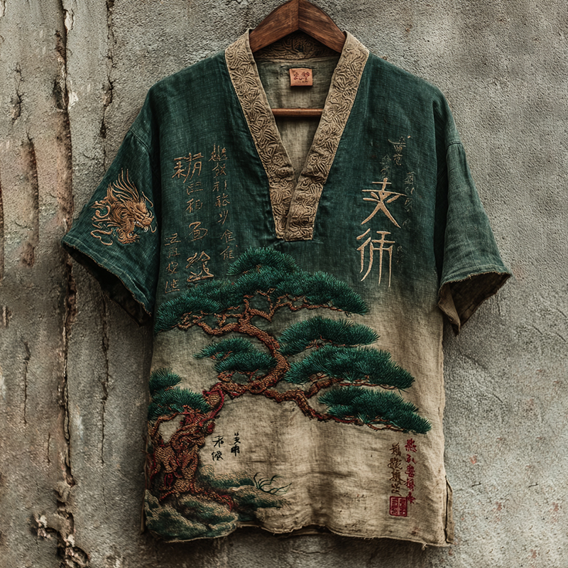Women's Japanese Pine Art Pattern V-neck Linen Blend T-shirt elevenforest