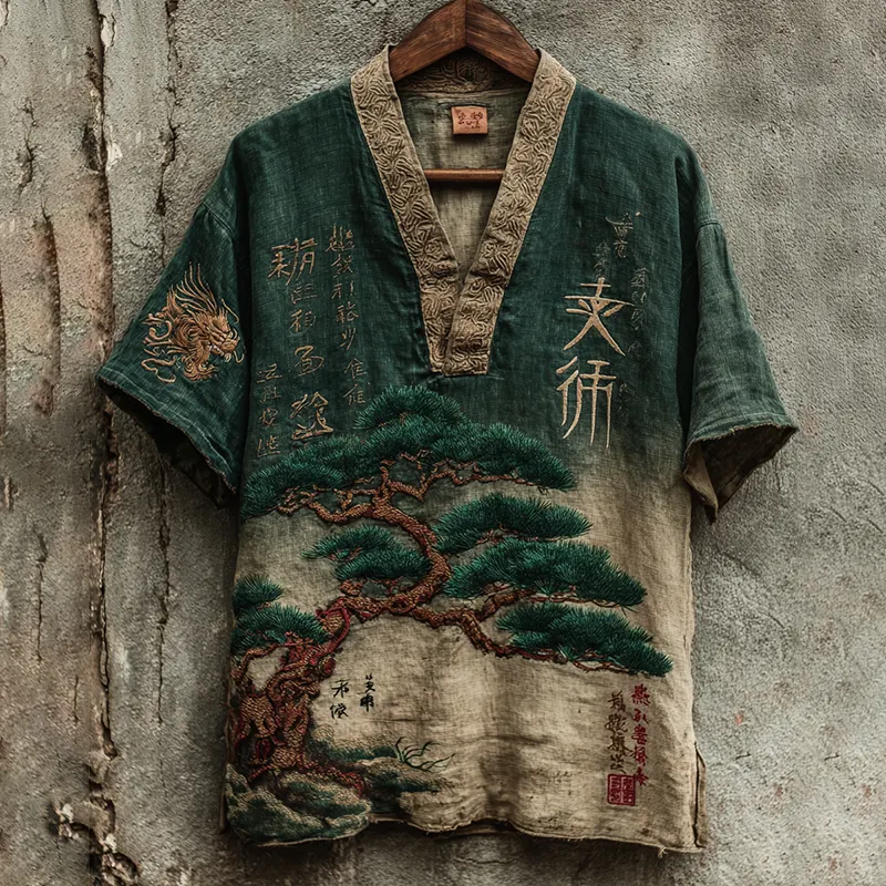 Women's Japanese Pine Art Pattern V-neck Linen Blend T-shirt