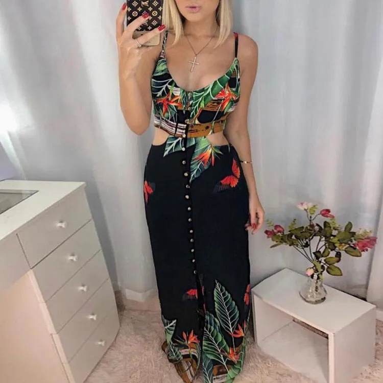 2021 Europe and the United States new sexy embellished buckle cut hollow print dress