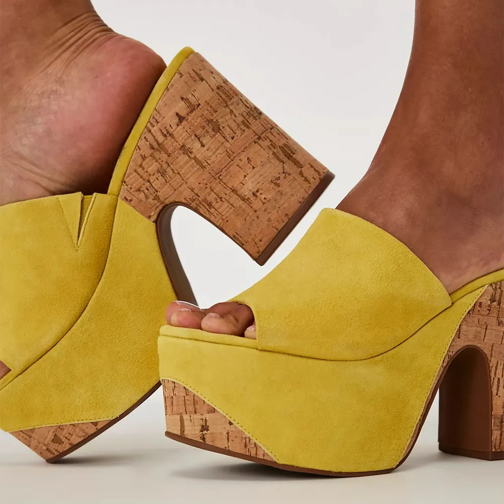 Yellow Open Toe Casual Platform Chunky High Heel Women's Mules Shoes