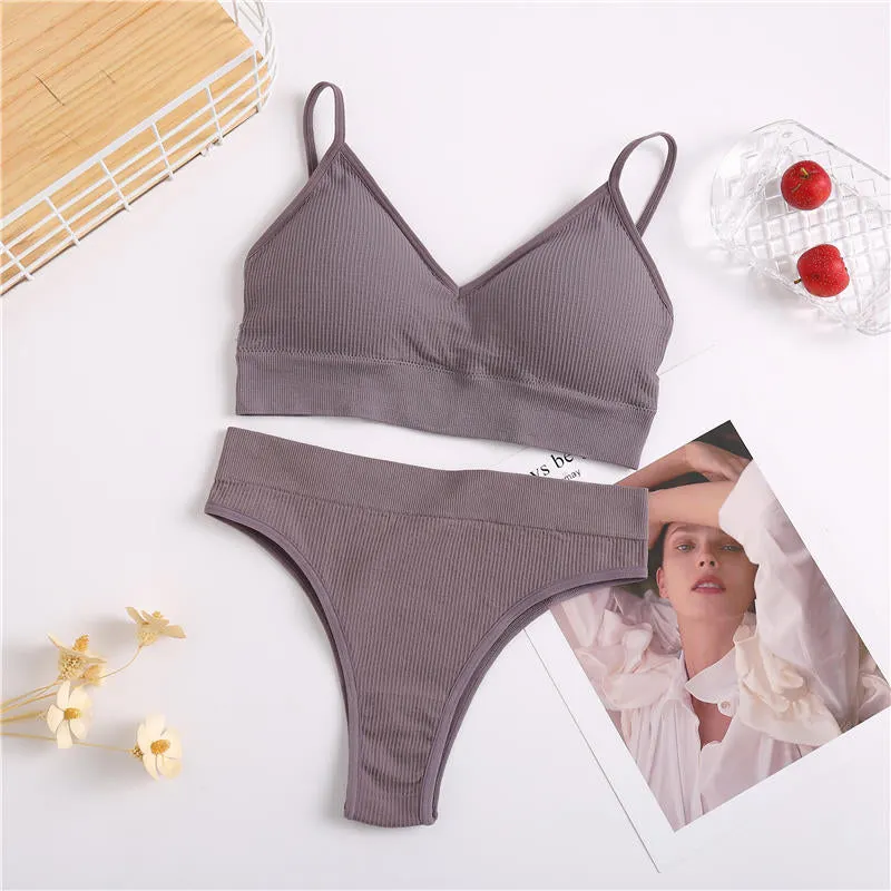 Thong + Bra Women Sexy Underwear Brassiere Female Tops Panties Bralette Intimates Lingerie Stretchy Ribbed Tank Crop Tops Set