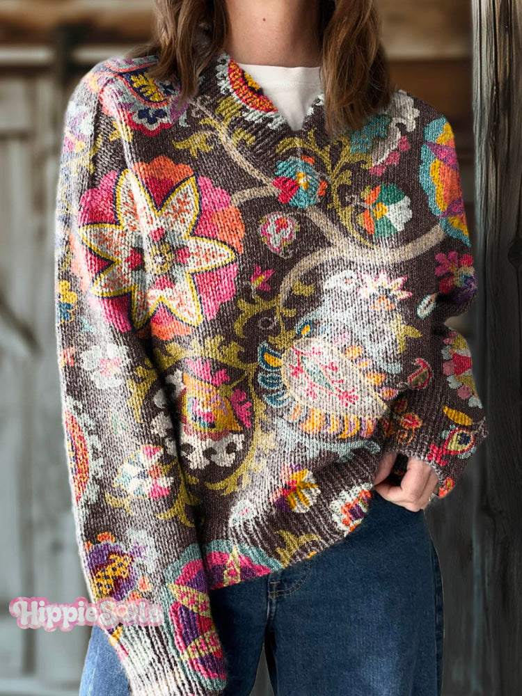 Women&rsquo;s Boho Retro Floral Print Casual V-Neck Pullover Knit Multicolor / M