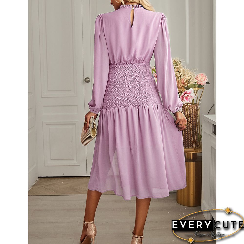 Pink Ruffle Detail Pleated Chiffon Midi Dress