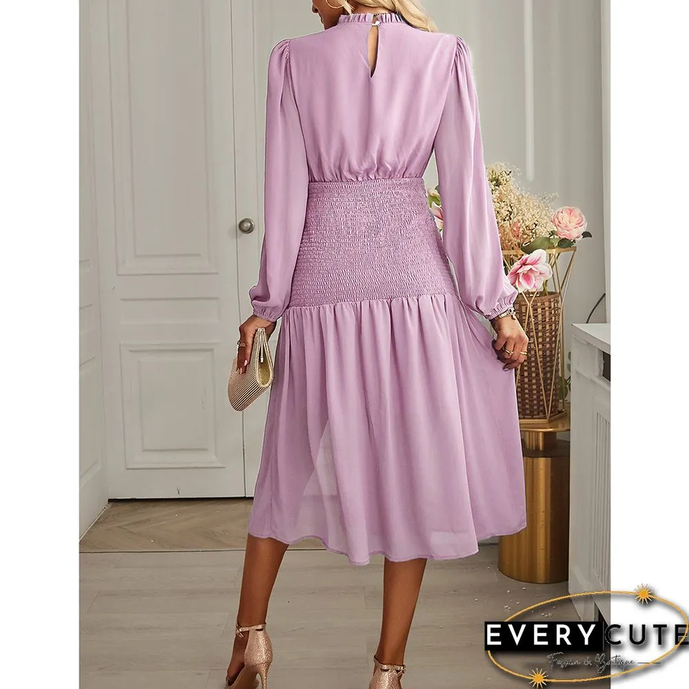 Pink Ruffle Detail Pleated Chiffon Midi Dress
