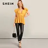 SHEIN Lady Yellow Sexy Pleated Ruffle Embellished Plunging V Neck Blouse Summer Sleeveless Glamorous Peplum Womens Tops