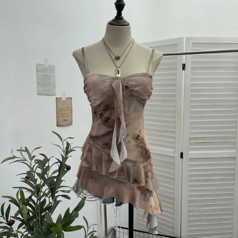 Churchf Real Shooting 2025 Spring And Summer New With Chest Cushions Dyed Mesh Sling Sling Vest Irregular Lotus Leaf Side Top 1139
