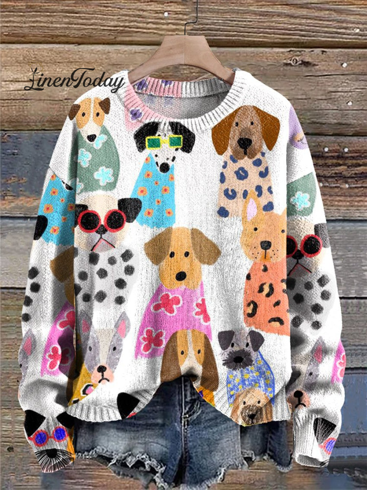 Colorful Cartoon Puppy Print Knit Pullover Sweater White / S