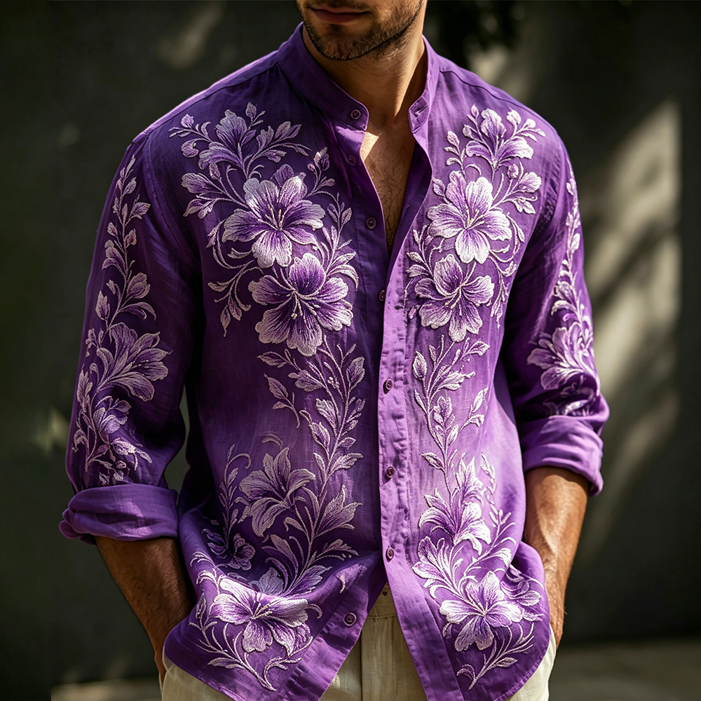 Comstylish Men's Purple Floral Art Embroidered Linen Blend Lightweight Long Sleeve Shirt