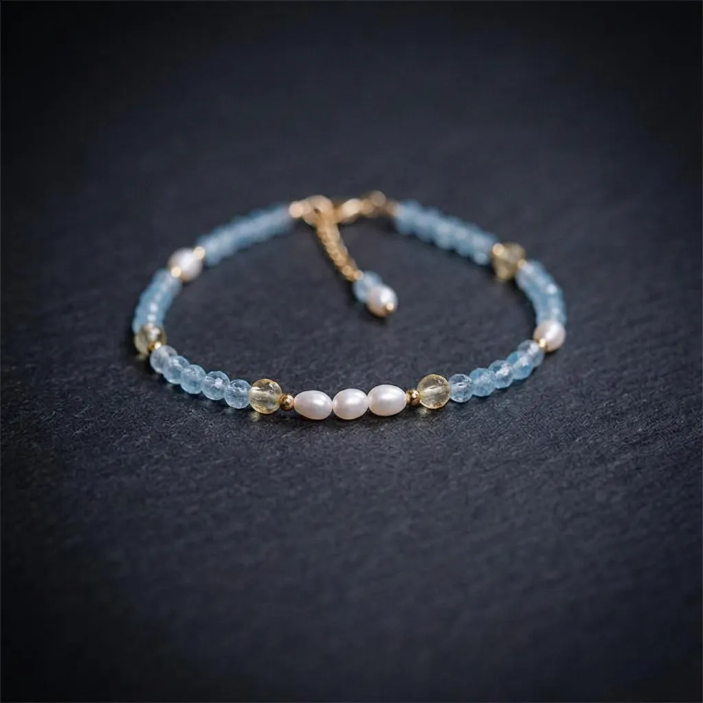 JiStones Serene Azure: Hand-Faceted Aquamarine & Pearl Delicate Bracelet Azure Mist