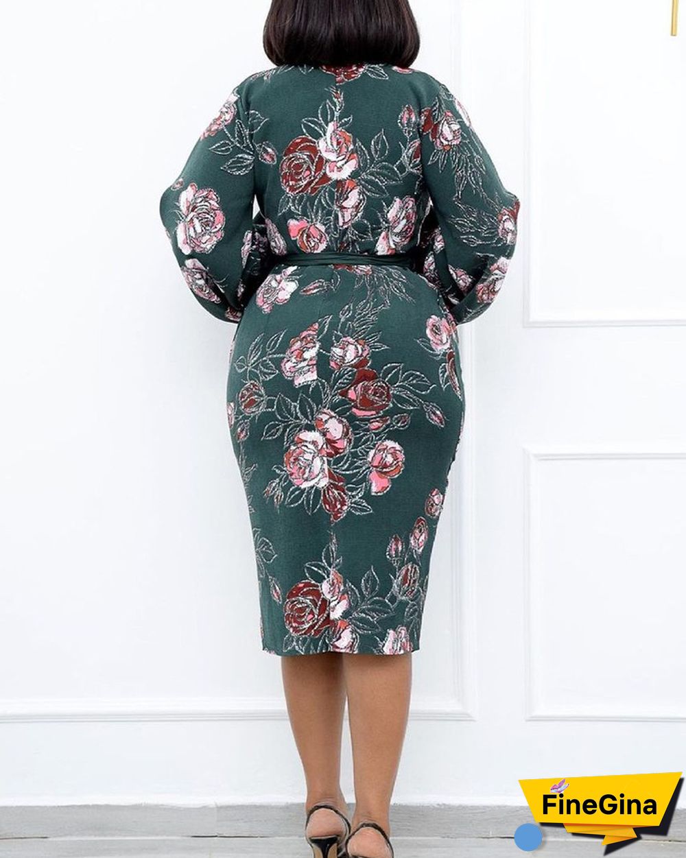 Floral Print Lantern Sleeve Belted Dress