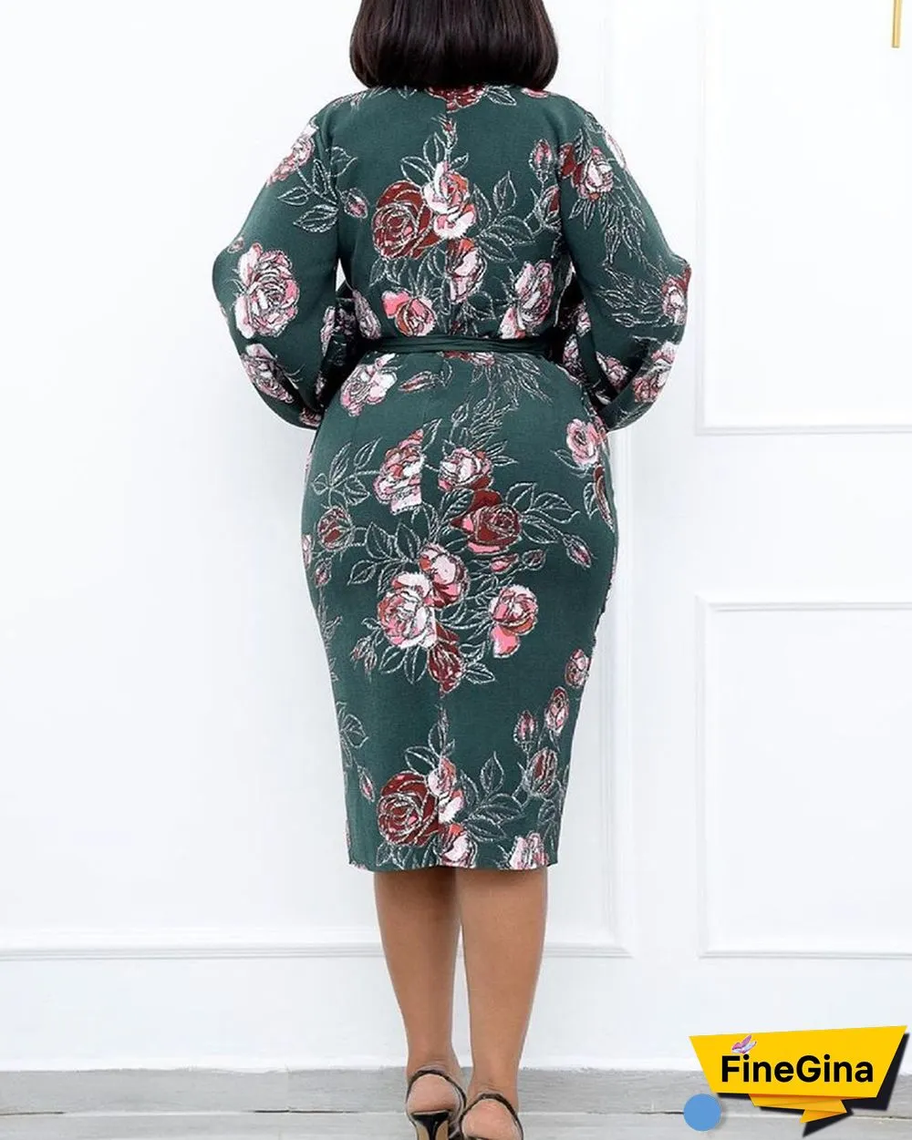 Floral Print Lantern Sleeve Belted Dress