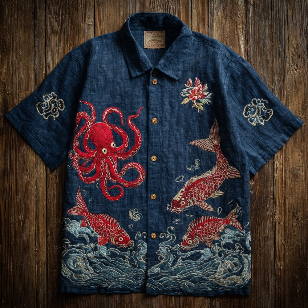 Japanese Art Red Octopus Embroidery Men's Linen V-neck Short Sleeve Shirt