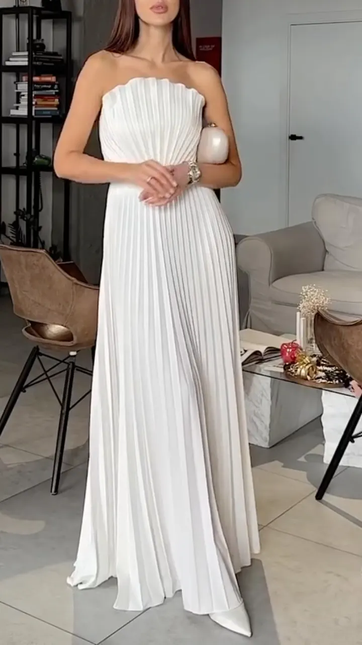  White Pleated Strapless Maxi Dress