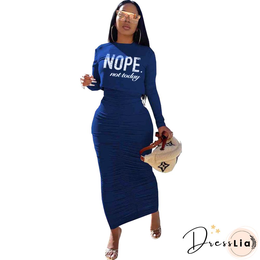 Letter Print Ruched Bodycon Two Piece Dresses Set