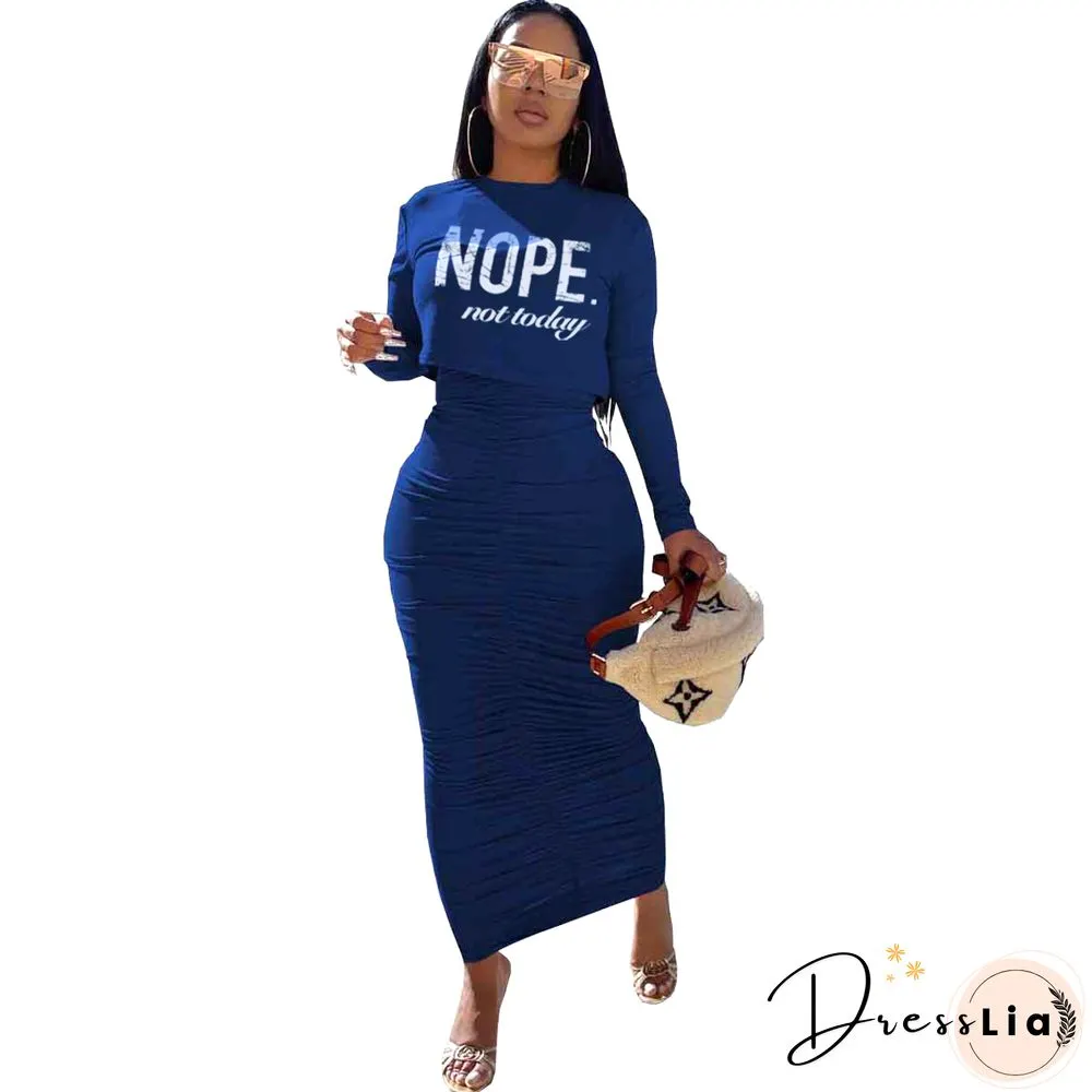 Letter Print Ruched Bodycon Two Piece Dresses Set