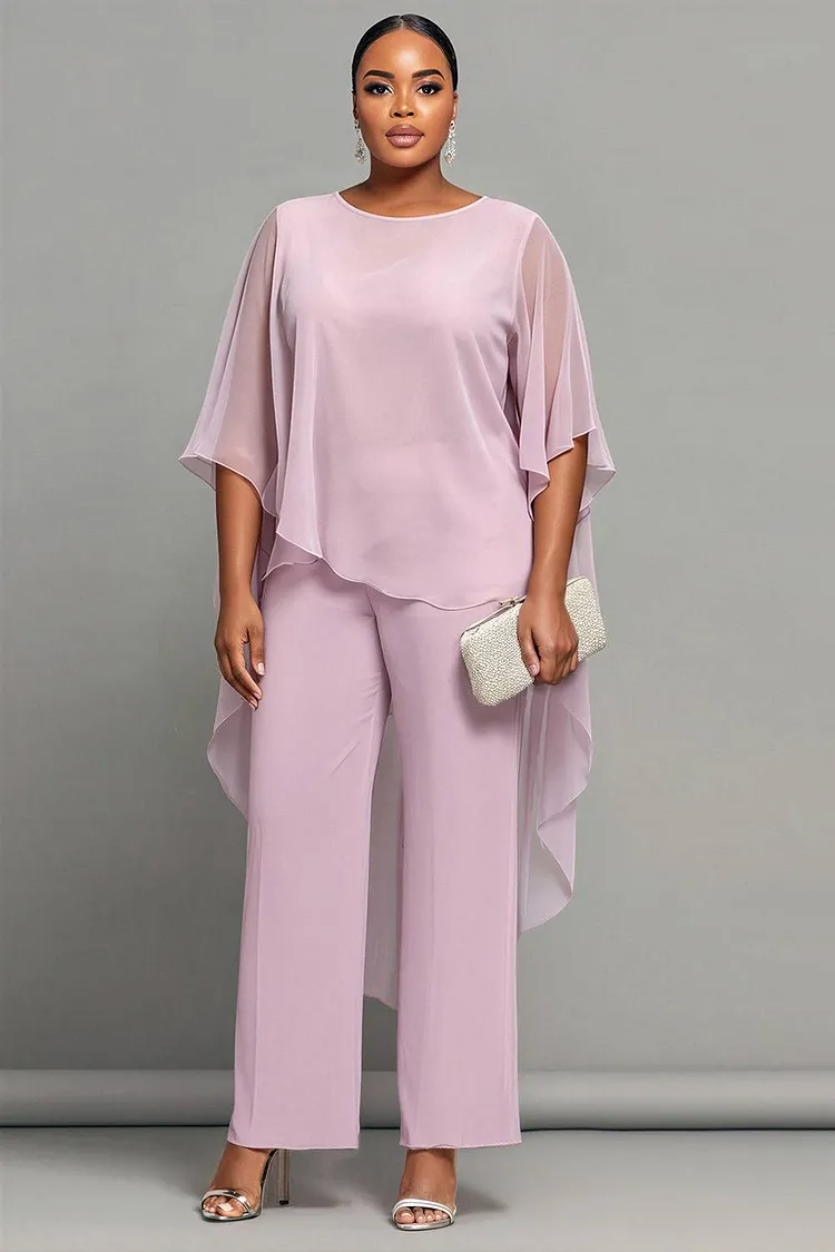 Xpluswear Design Plus Size Mother Of The Bride Pink Round Neck Half Sleeve Asymmetric Hem See Through Chiffon Two Piece Pant Sets [Pre-Order] 2024 - Xpluswear