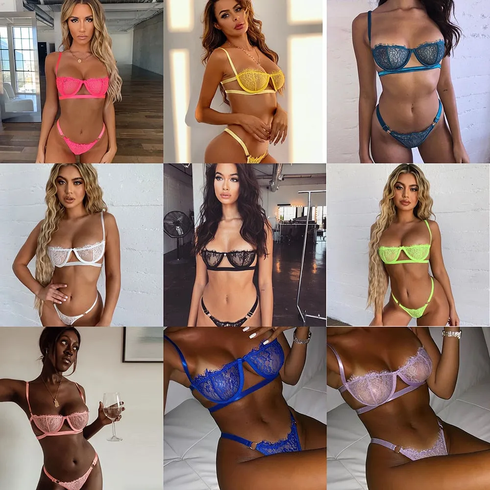 Ellolace Sexy Women's Underwear Lingerie Transparent Bra Low Cup Lace Underwear Set Lenceria Sexy Lingerie Set Bra And Panty Set 514-1