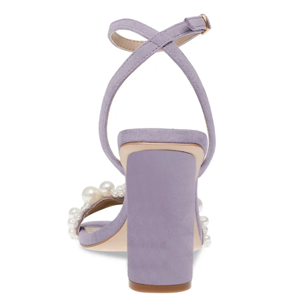 Purple Ankle Strap Open Square Toe Pearl Cylinder Heeled Sandals