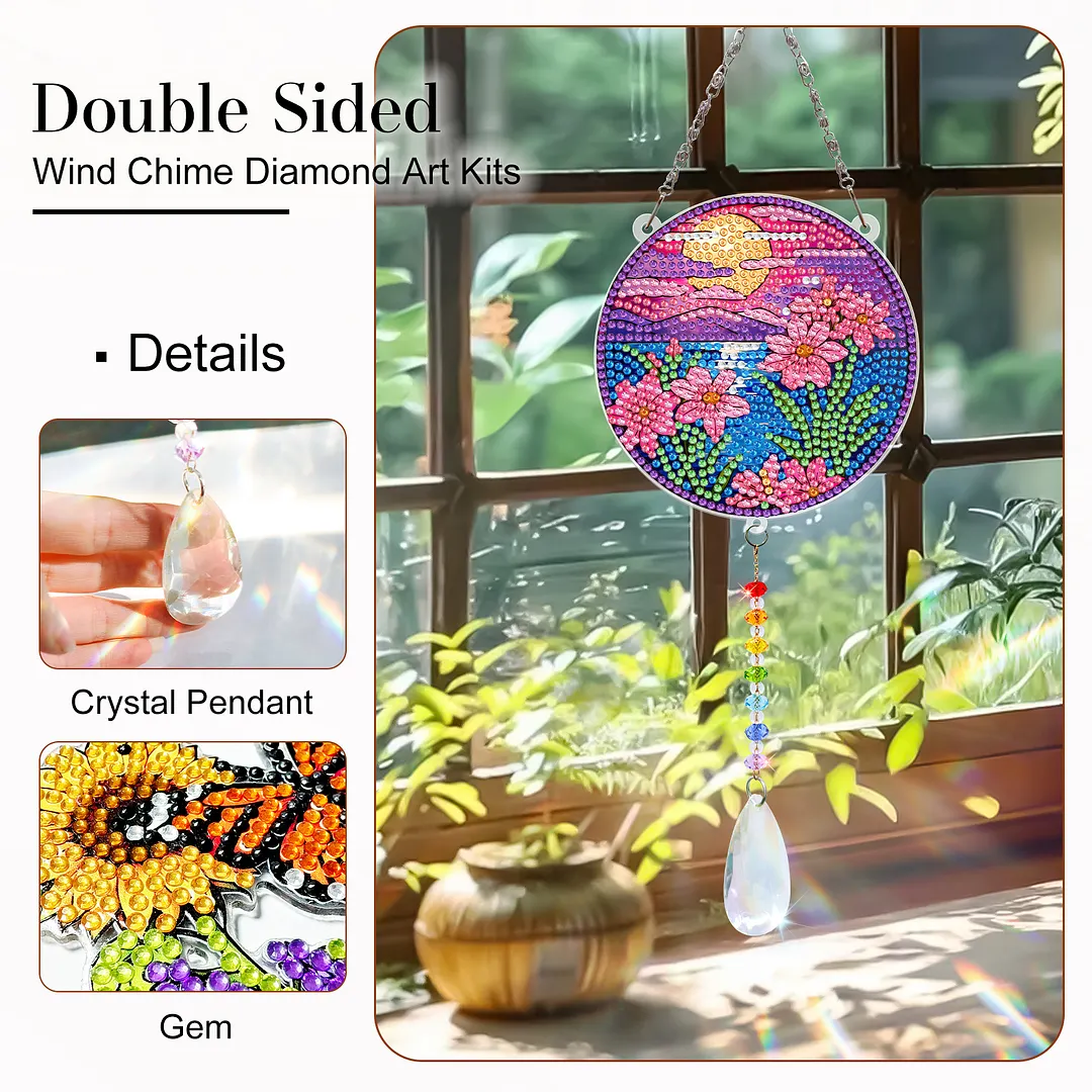 2Pcs Sunset Butterfly DIY Acrylic Diamond Painting Art Wind Chimes with Crystal Pendant Diamond Art Hanging Pendant Double-Sided for Adults Beginners Gift Home Garden Decor