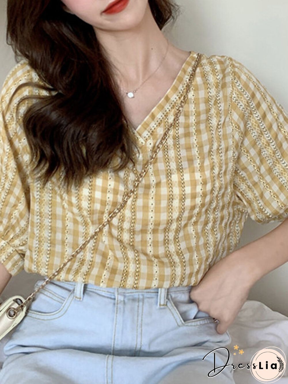 Check Print V-neck Loose Short Sleeve Women Blouse