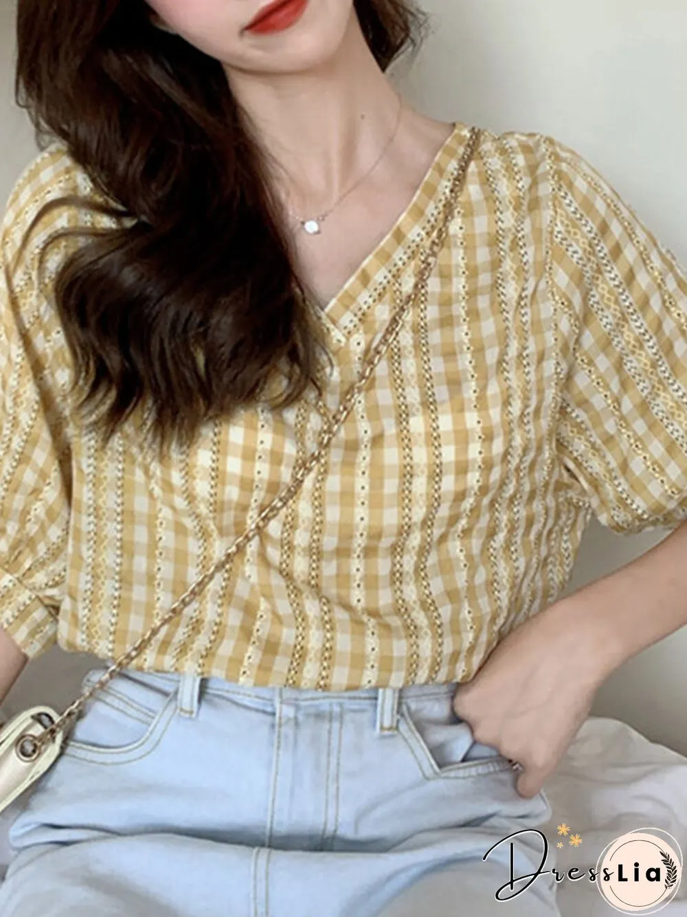 Check Print V-neck Loose Short Sleeve Women Blouse