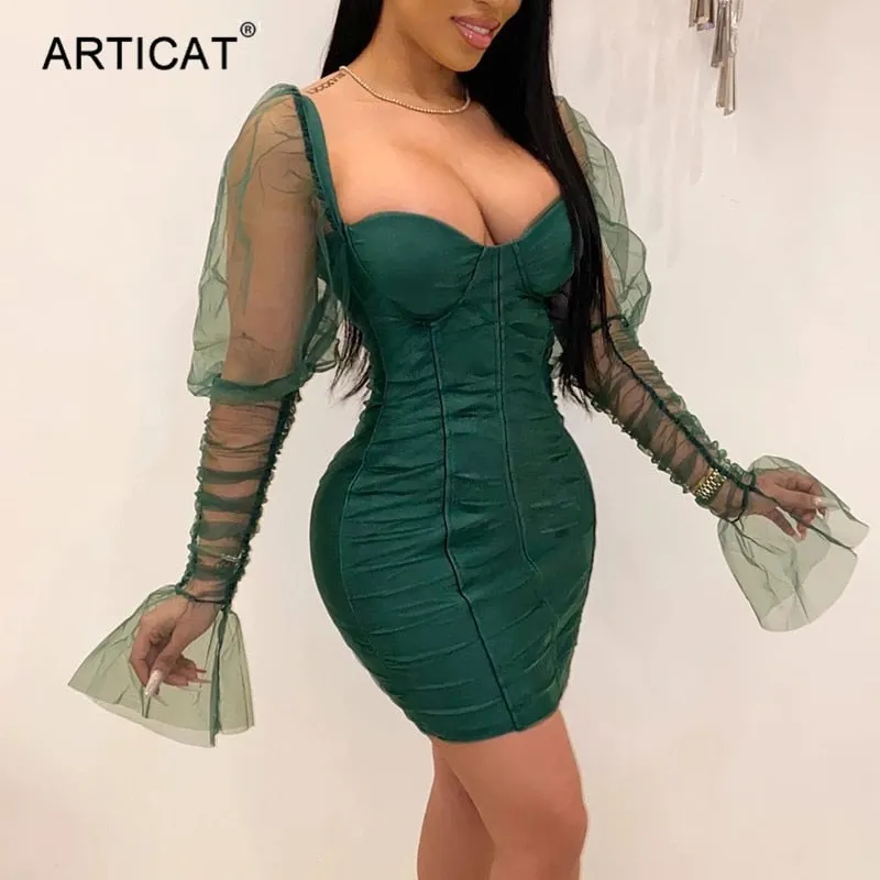 Articat Sexy Mesh Puff Sleeve Party Dress Women Low Collar Backless Patchwork Red Mini Dress Nightclub 2020 Spring Vestidos