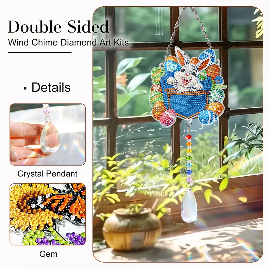2Pcs Pocket Rabbit DIY Acrylic Diamond Painting Art Wind Chimes with Crystal Pendant Diamond Art Hanging Pendant Double-Sided for Adults Beginners Gift Home Garden Decor