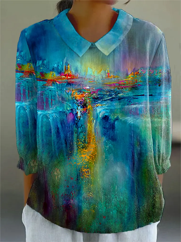Women's Vintage Abstract Waterfall Painting Art Print Casual Cotton And Linen 3/4 Sleeve Shirt