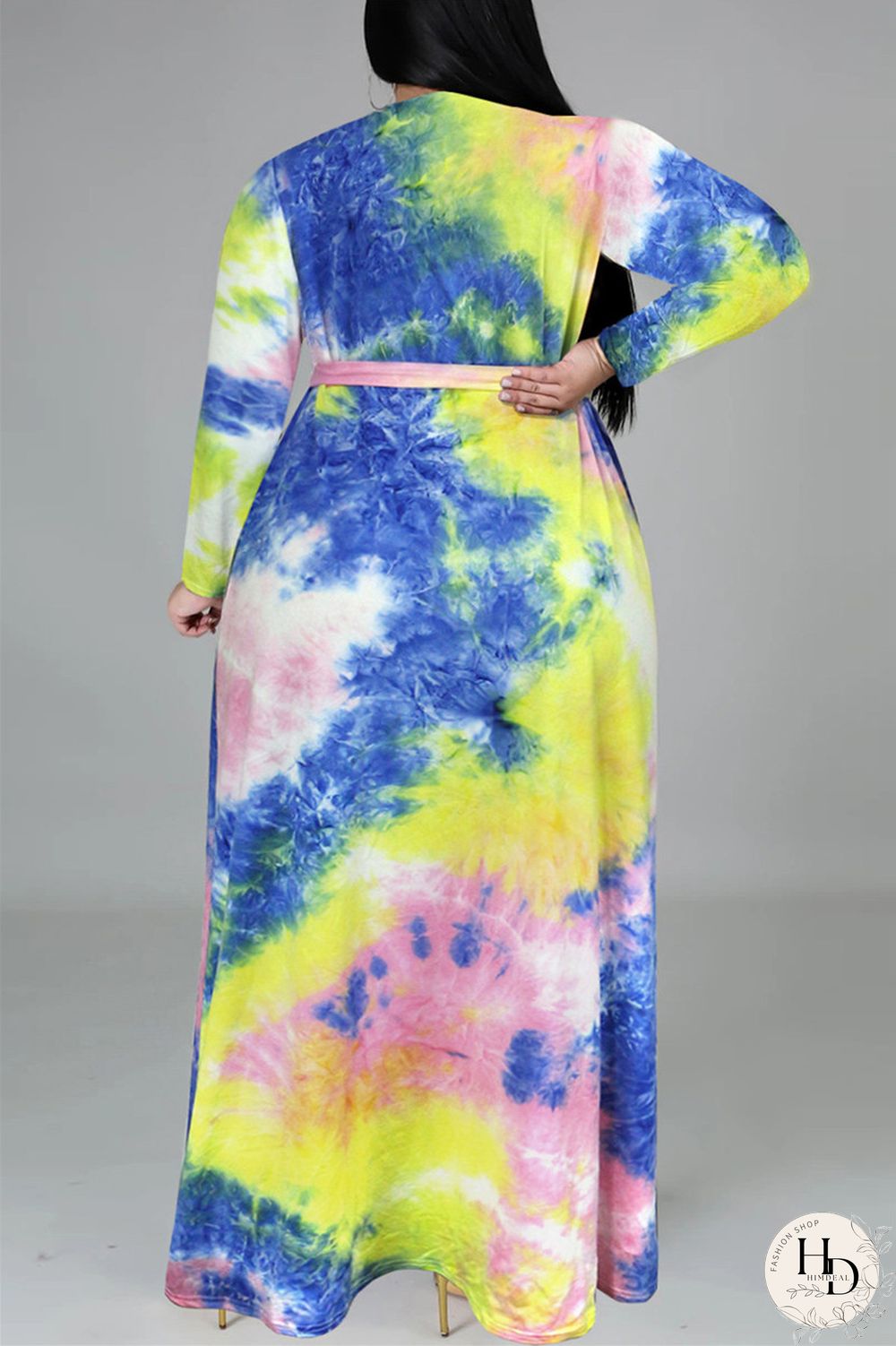 Colour Fashion Casual Print Tie-dye V Neck Long Sleeve Plus Size Dress
