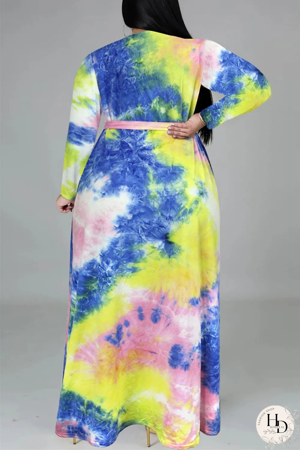 Colour Fashion Casual Print Tie-dye V Neck Long Sleeve Plus Size Dress
