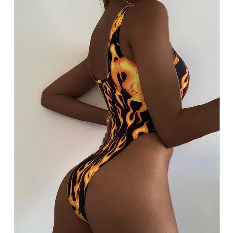 Peachtan Sexy one piece suit Yellow fire print swimwear women High cut retro monokini one-piece swimsuit female bathing suit new
