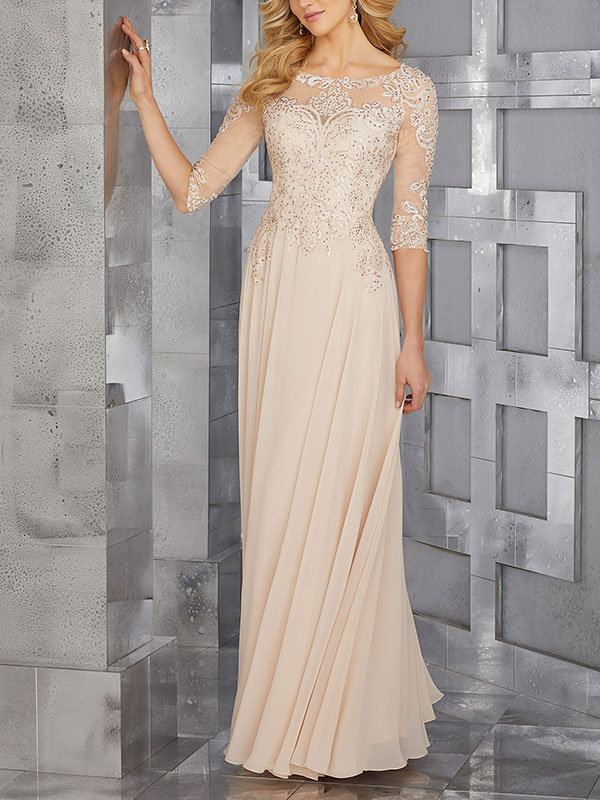 Chiffon Mother of the Occasion Gown with Beaded Bodice and 3/4 Illusion Sleeves