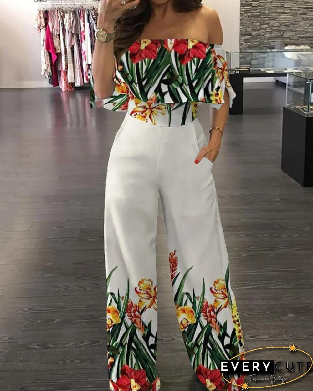 Floral Print Off Shoulder Ruffle Hem Loose Jumpsuit