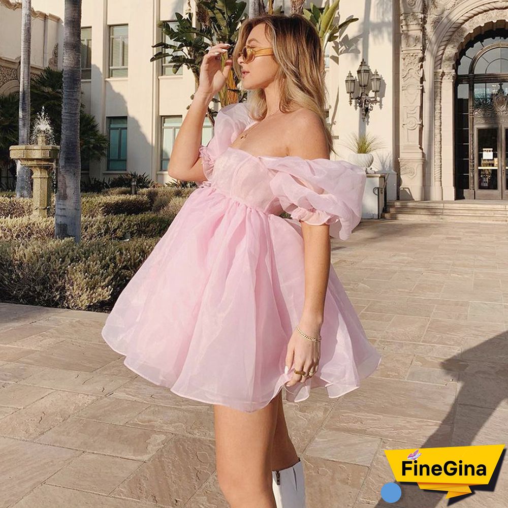 FUFUCAILLM Women's Mini Princess Dress Elegant Puff Sleeve Lace Party Court Prom Short Dresses Sexy Bandeau Backless Clubwear