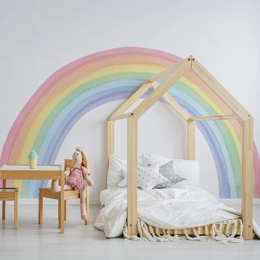 Large Watercolour Rainbow Wall Stickers for Kids Room Living Room Nursery Home Decor Colorful Rainbow Mural Self-adhesive Fabric