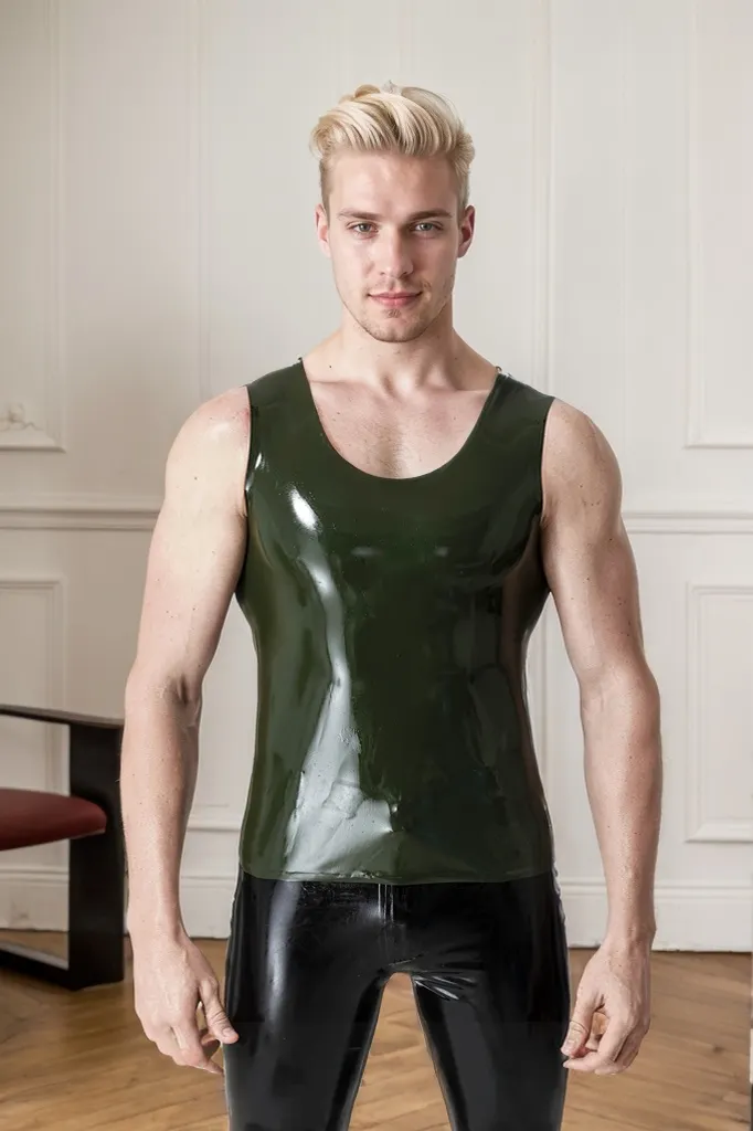 Men Olive Green Latex Tops Regular Singlet