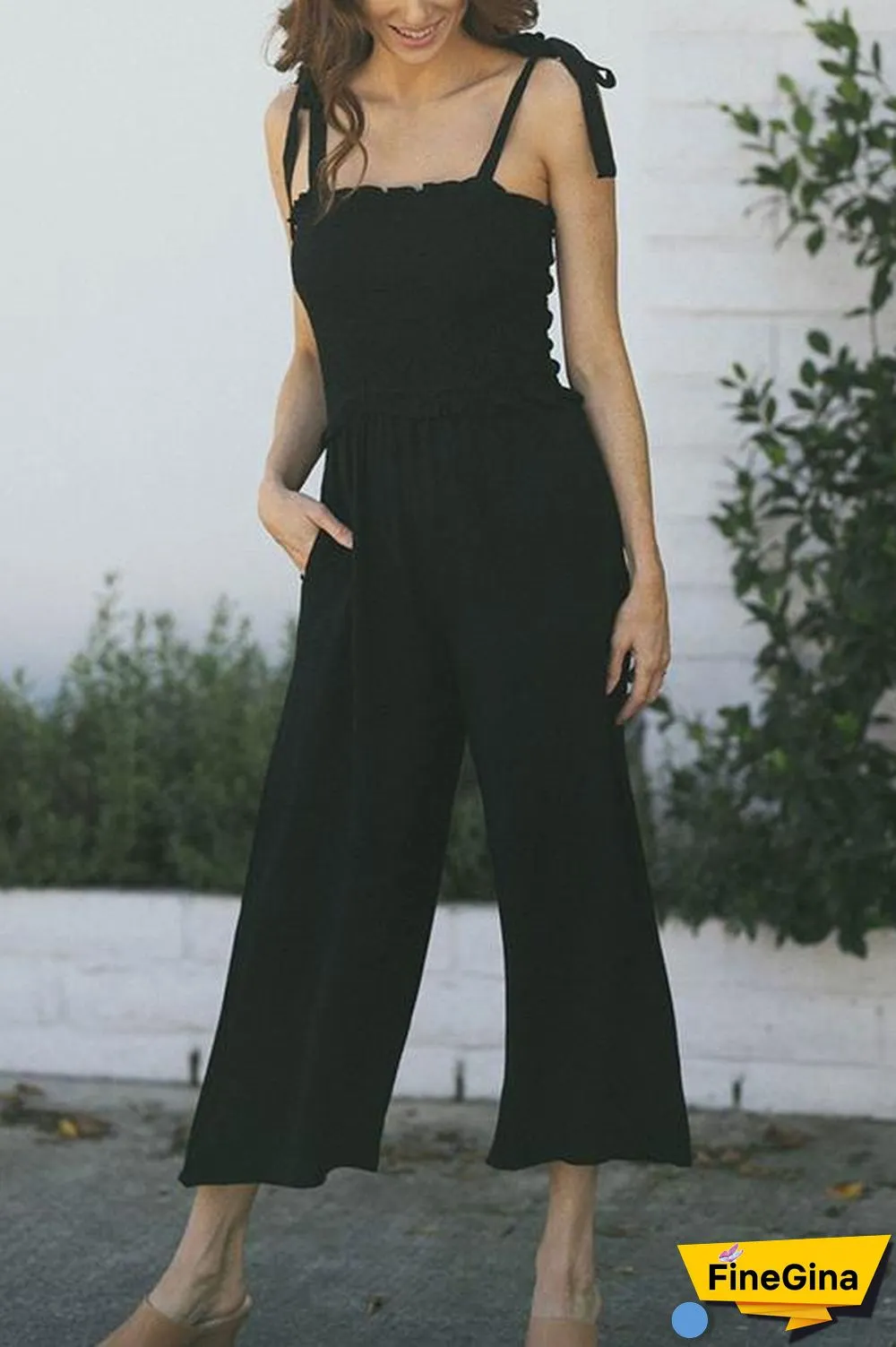 Elastic Pockets Wide Leg Slip Jumpsuit