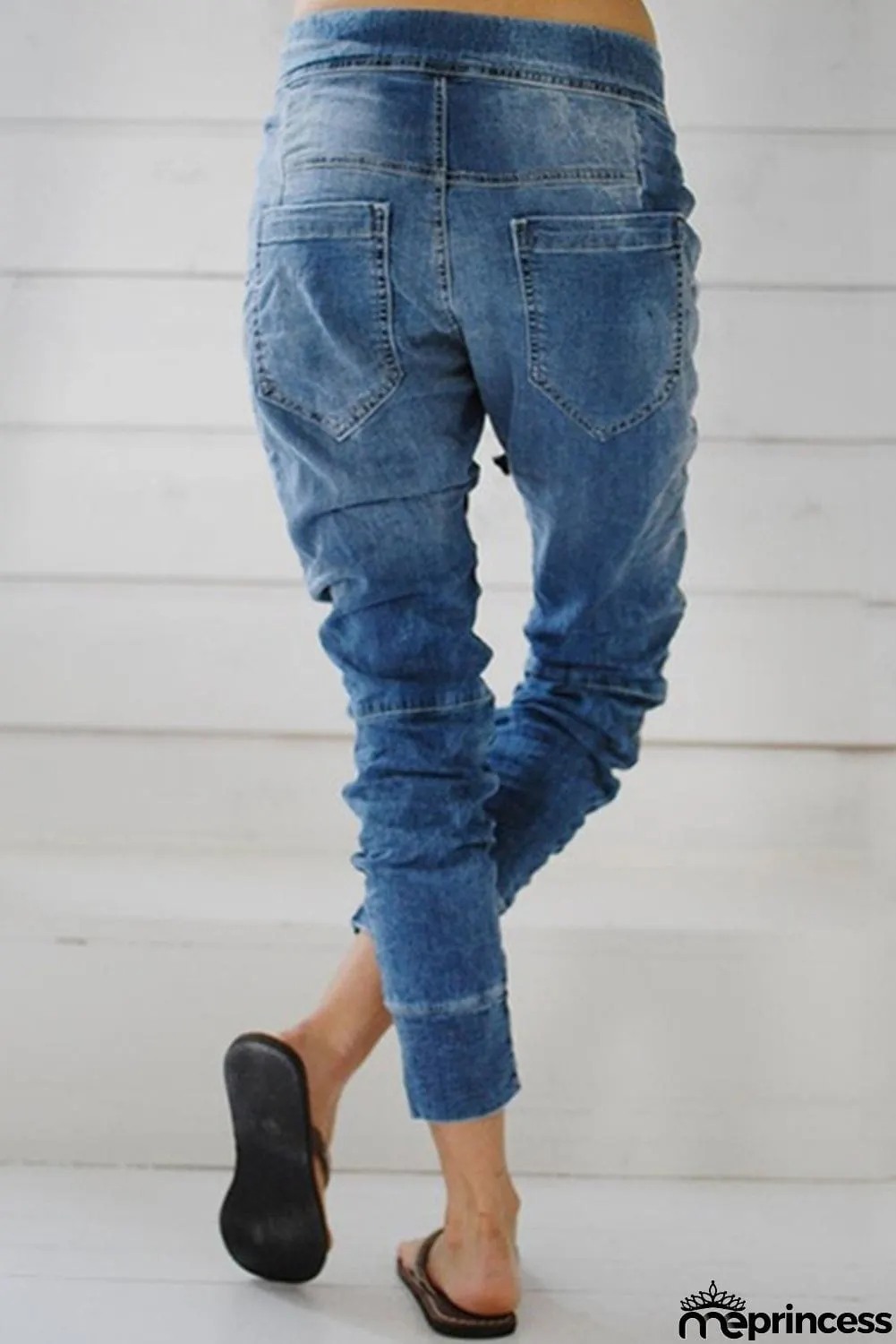 Dark Blue Drawstring Elastic Waist Jogger Jeans