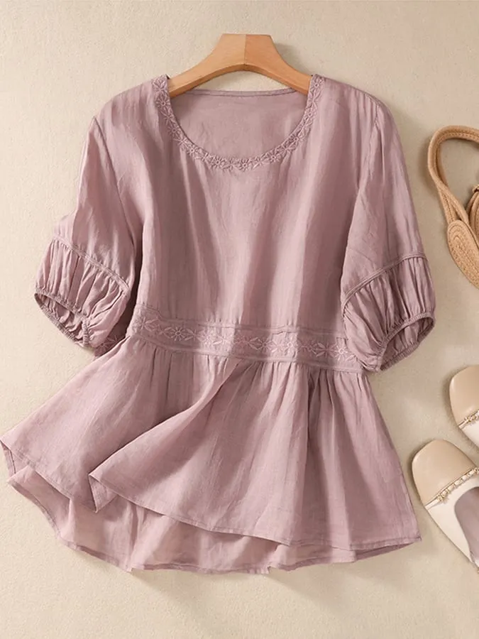 Embroidered Crew Neck Short Sleeve Casual Women's Shirt