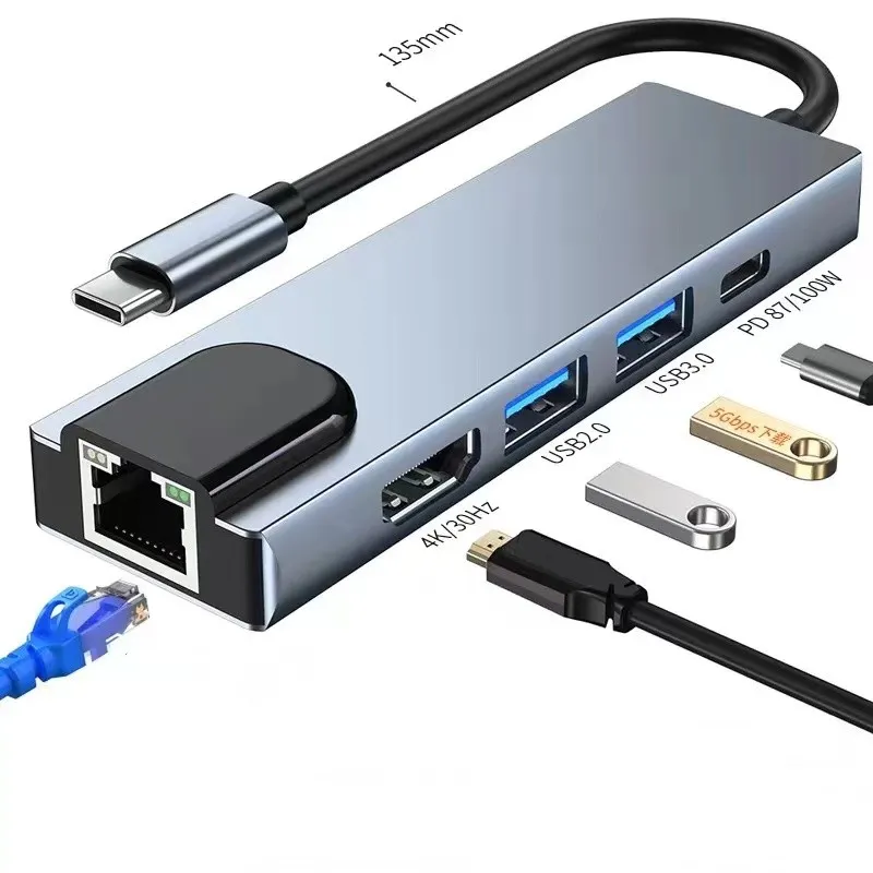 USB-C Hub Portable Multi-port 5-in-1 Type-C Adapter with 4K HDTV RJ45 Ethernet Lan for Nintendo Switch