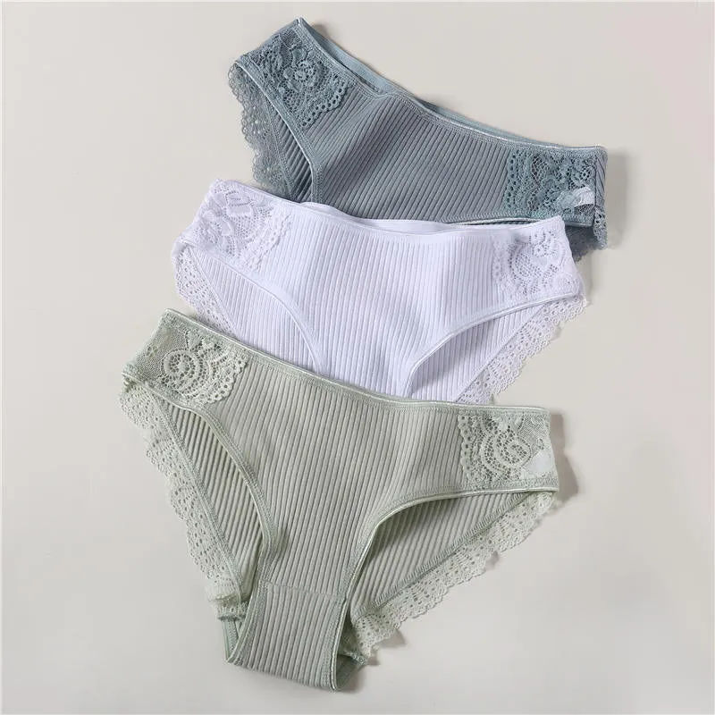 3PCS/Set 6 Color Women Panties Cotton Lace Briefs Solid Color for Female Striped Sexy Cotton Underwear Lingerie Low Waist Flower
